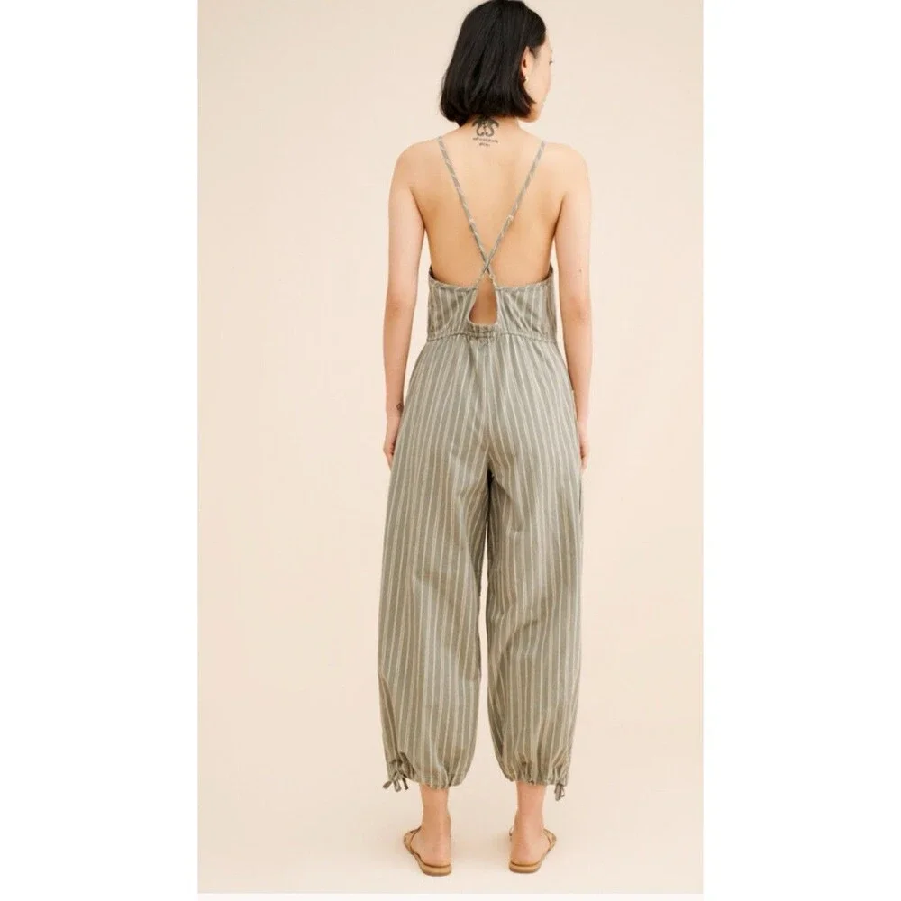 Free People Jumpsuit Women Gray Stripe Cotton Verona Bare Boho Retro Size XL New
